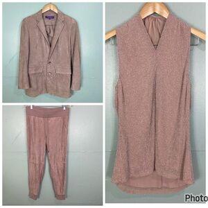 Ralph Lauren Purple Label Sz 6 Suede Leather Purple Suit 3 Piece Set Blazer Silk